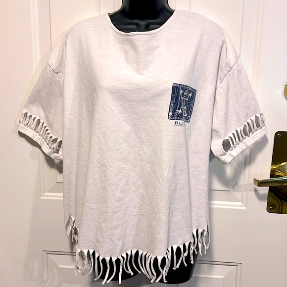 BELIZE 🏝️🦎 COTTON WHITE/BLUE LIZARD GECKO CUT-OUT FRINGED TSHIRT Sz Women’s 2X - Picture 2 of 7